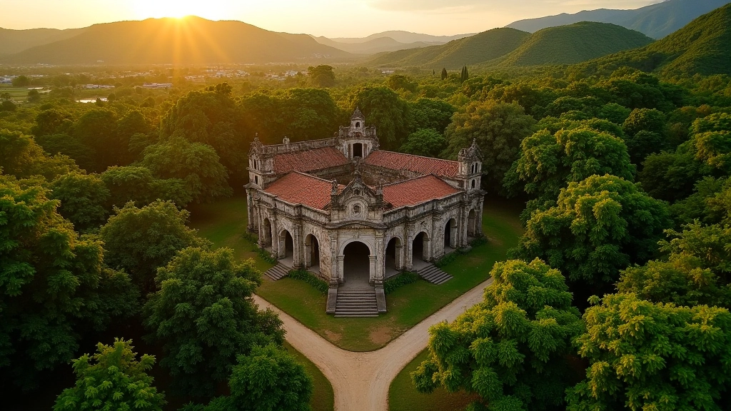 Vista aérea de hacienda histórica rodeada de paisaje rural de Aguadilla