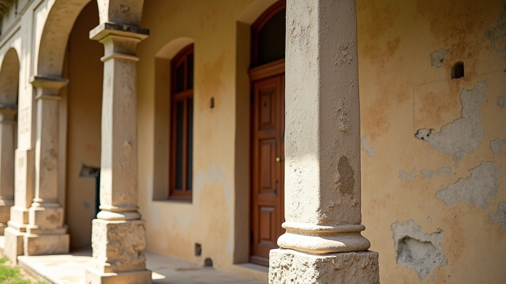 Detalle arquitectónico de hacienda colonial con columnas de piedra, ventanas altas y estructura de madera oscura
