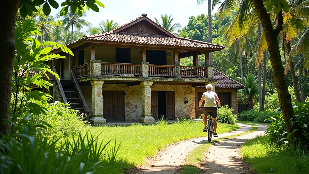 Hacienda colonial con arquitectura de madera y piedra, rodeada de vegetación tropical, sendero de bicicleta en primer plano