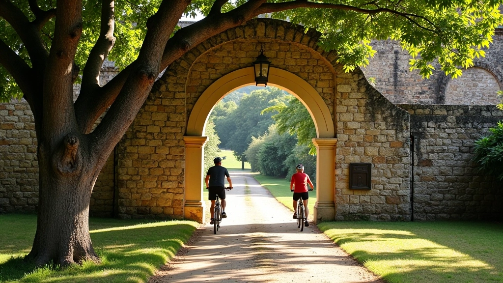 Entrada de hacienda colonial con arco de piedra y camino de tierra, dos ciclistas mayores descansando en sombra de árbol