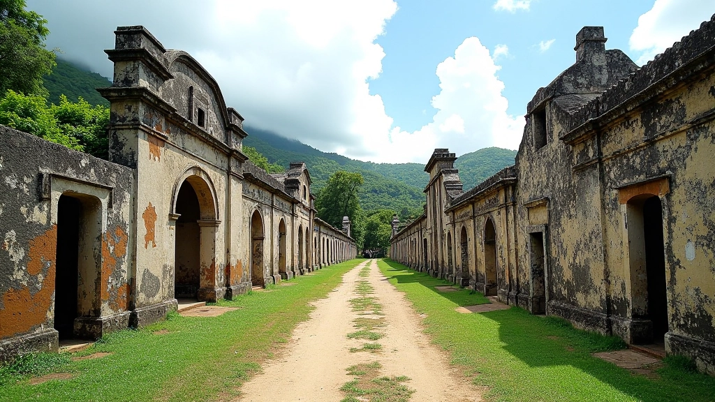 Ruinas históricas de una central azucarera en Aguadilla mostrando la arquitectura colonial y estructuras de piedra