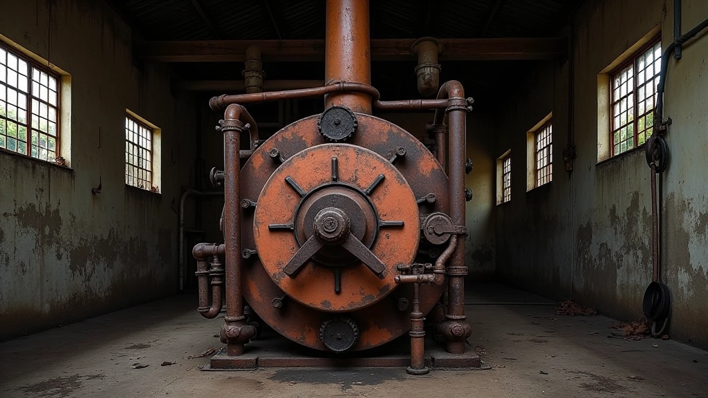 Caldero de vapor industrial con tuberías de metal, estructura de chimenea y sistemas de combustión, fotografía de arqueología industrial