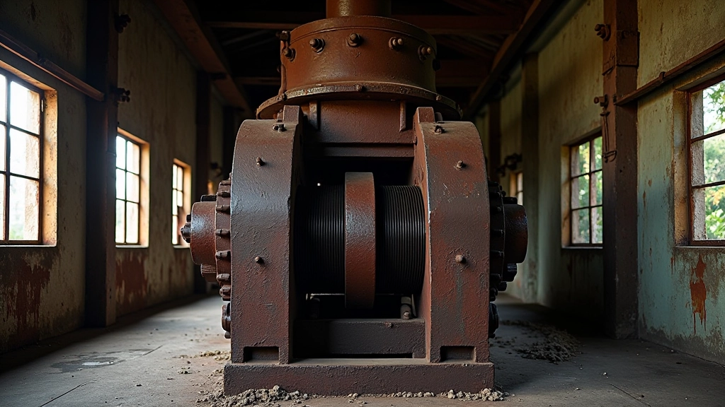 Estructura de molino industrial con cilindros de hierro oxidado, vista frontal de maquinaria de procesamiento de caña de azúcar