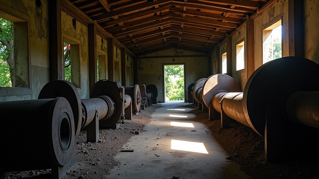 Interior de ruina de central azucarera con molinos de hierro oxidados, luz natural filtrándose por techos parcialmente derruidos