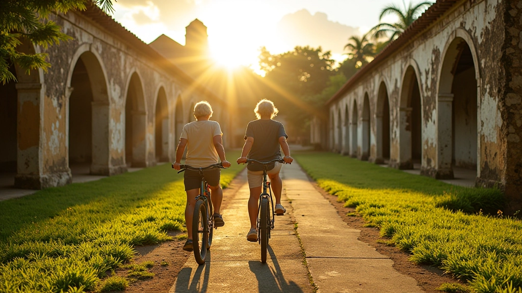 Grupo de ciclistas explorando ruinas históricas en Aguadilla