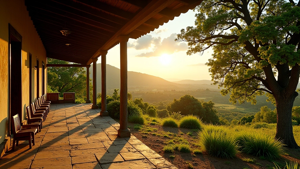 Vista panorámica de hacienda histórica con porche de madera, árboles frutales antiguos, campos verdes al fondo