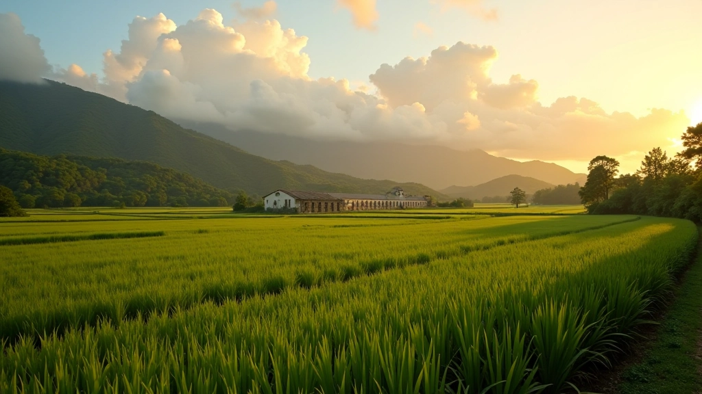 Panorámica de valle agrícola con campos de caña en el horizonte, estructura de central azucarera a la distancia, cielo nublado tropical